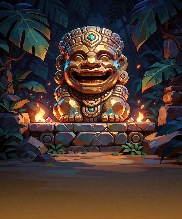 Grinende gyldent jungleidol på et stenalter i ildlys med glimtende ædelsten - illustration til jungle-slots