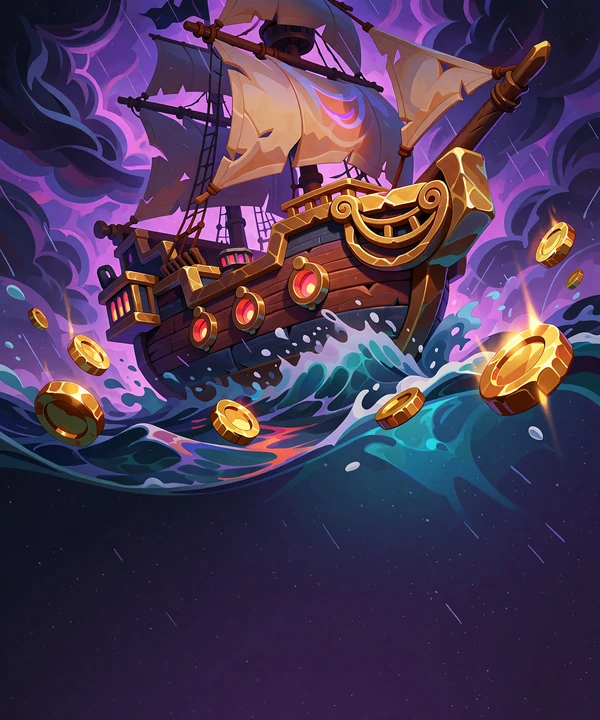 Spøgelsesagtigt piratskib med laset sejl i en lilla storm og tumlende mønter - illustration til mørke pirat-slots
