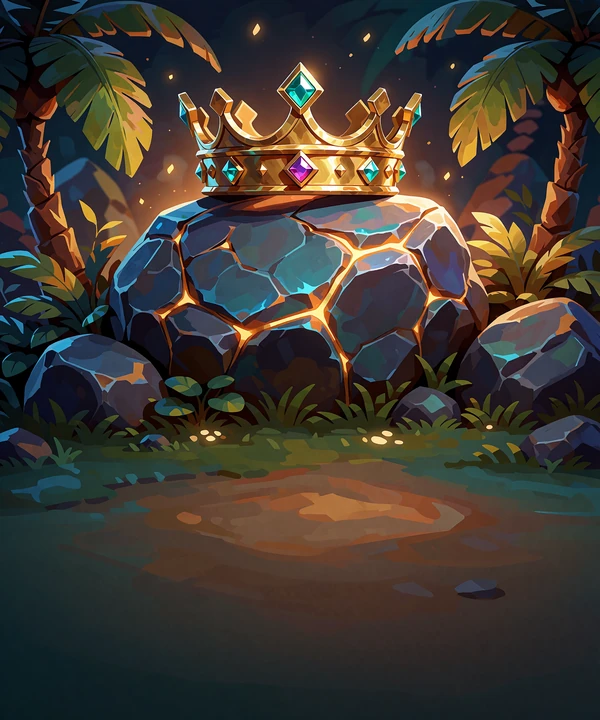 Juvelbesat guldkrone på en revnet klippe med glødende guldårer og palmeblade - illustration til juvel-slots