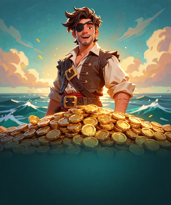 Smilende ung bukaner bag en bunke guldmønter ved et turkisblåt hav - illustration til pirat-slots